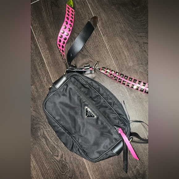 Prada Black/ Hot Pink Nylon Shoulder Bag with Studding - Picture 4 of 14